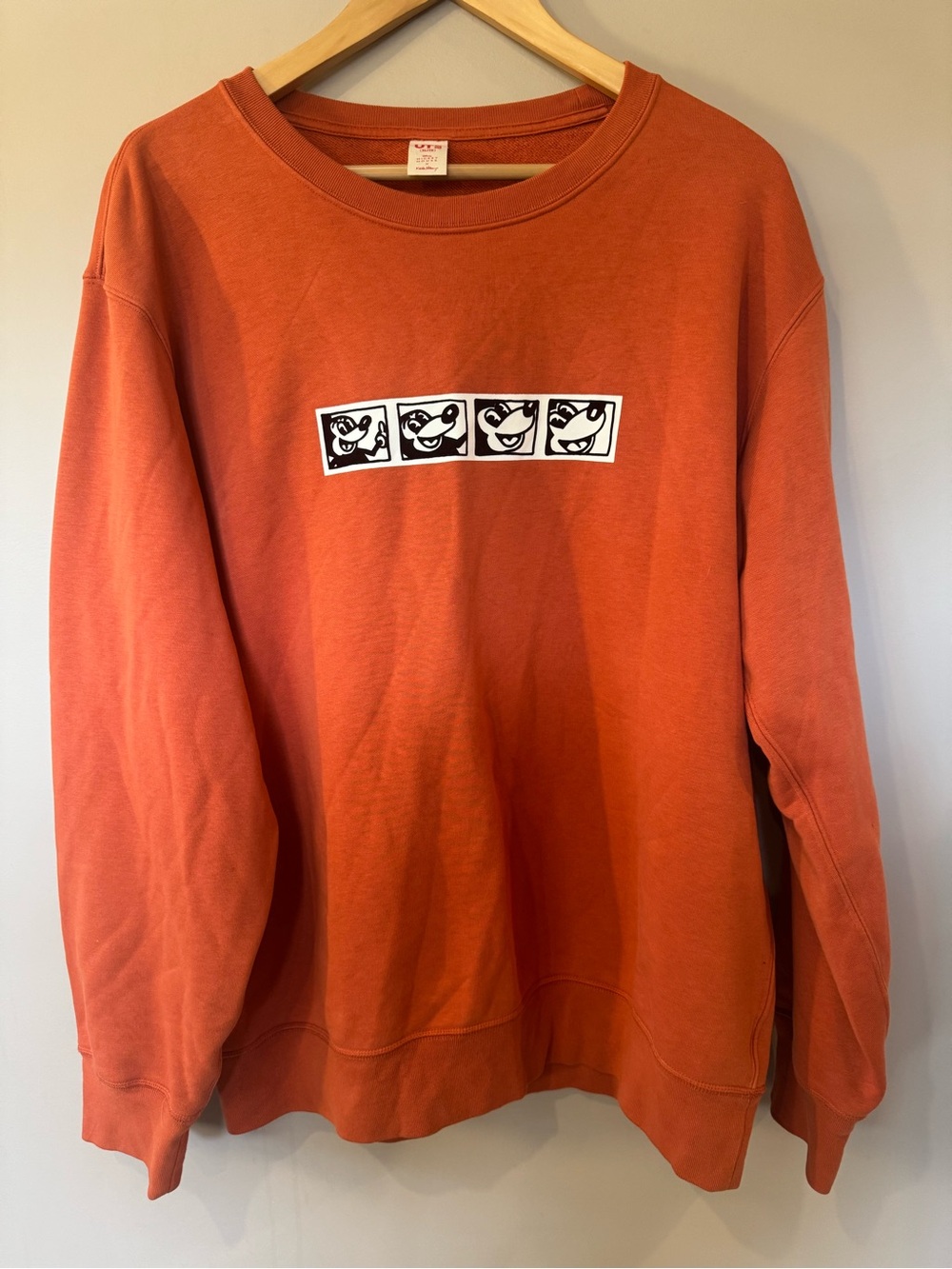 Uniqlo x Keith Haring Orange Crewneck Sweatshirt with Mickey Mouse Graphic